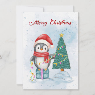 Cartes Pour Fêtes Annuelles Cute Christmas Penguin Decorating Tree with Lights