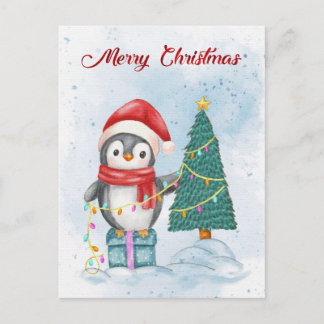 Cartes Pour Fêtes Annuelles Cute Christmas Penguin Decorating Tree with Lights