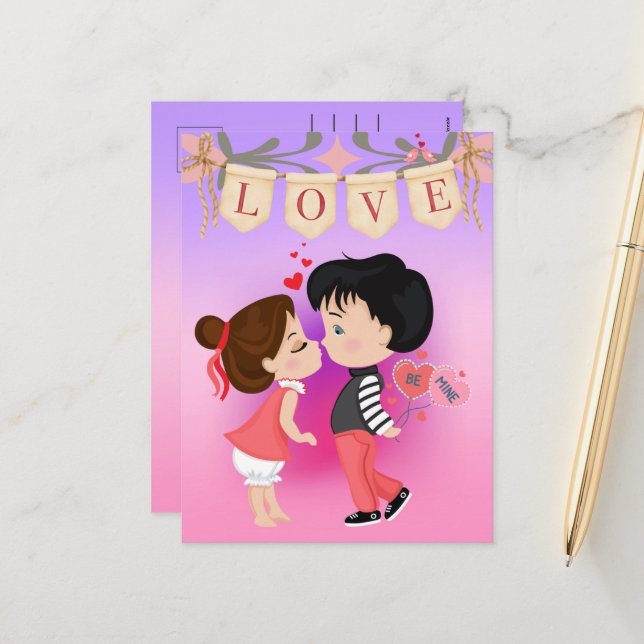 Cartes Pour Fêtes Annuelles Cute Couple Be Mine Saint Valentin (Devant/Arrière en situation)