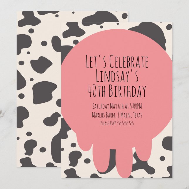 Cartes Pour Fêtes Annuelles Cute Cow Imprimer Adult Party 40e Anniversaire (Devant / Derrière)