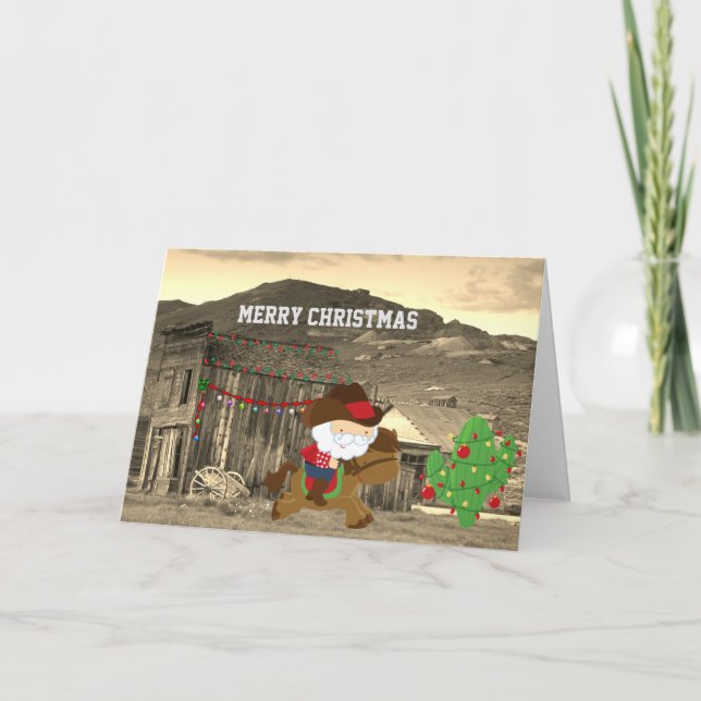 Cartes Pour Fêtes Annuelles Cute Cowboy Père Noël équitation Cheval Occident N (Devant)