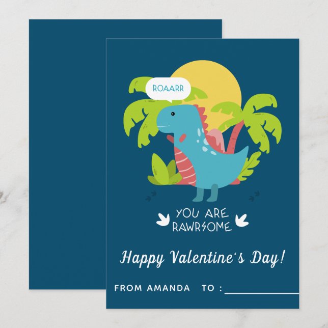 Cartes Pour Fêtes Annuelles Cute Dinosaur T-Rex Classe enfants Saint Valentin (Devant / Derrière)