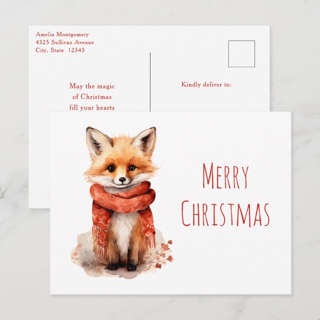 Cartes Pour Fêtes Annuelles Cute Fox Pup in a Red Scarf Christmas (Devant / Derrière)