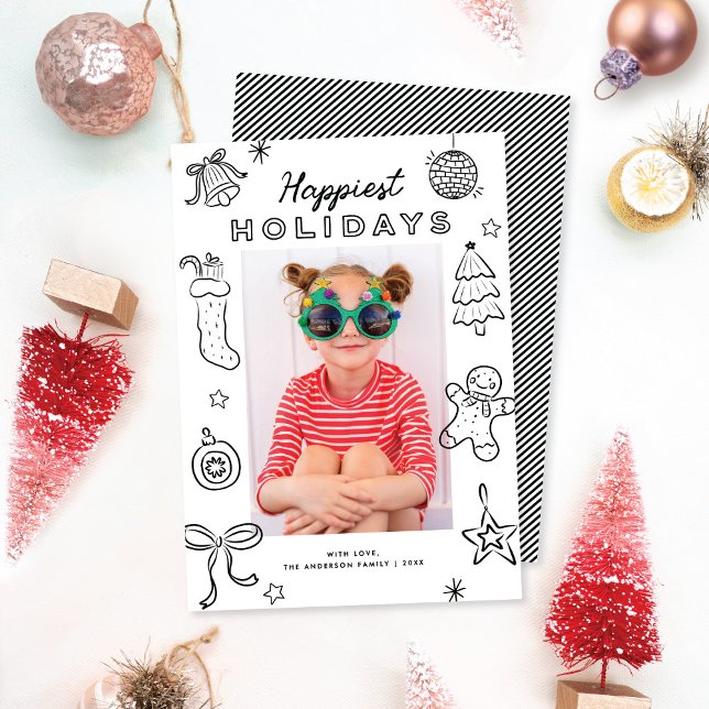 Cartes Pour Fêtes Annuelles Cute Fun Doodles Black & White Christmas Photo (Créateur téléchargé)