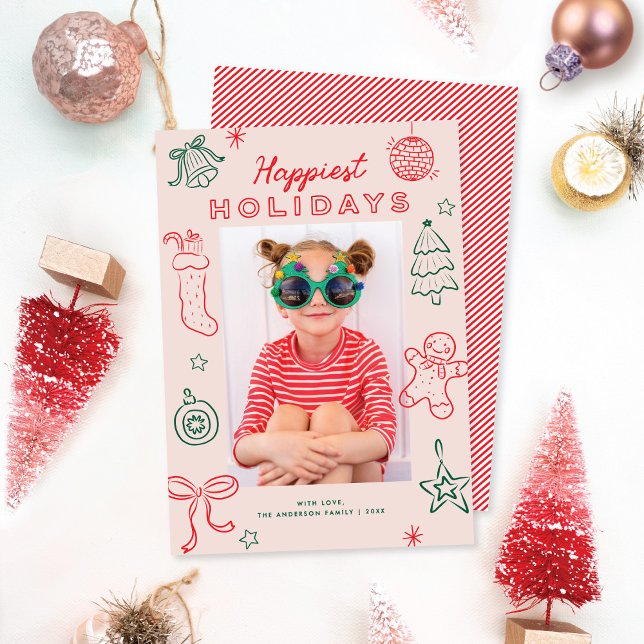 Cartes Pour Fêtes Annuelles Cute Fun Doodles Pink Red Green Christmas Photo (Créateur téléchargé)