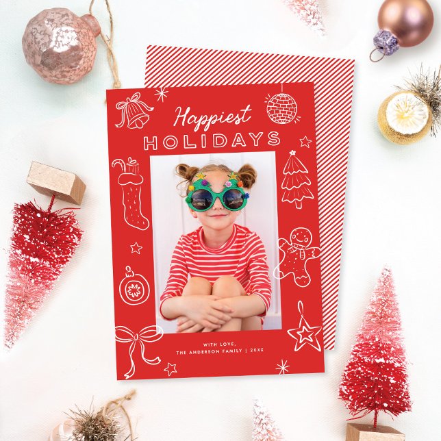 Cartes Pour Fêtes Annuelles Cute Fun Doodles Red Christmas Photo Holiday Card (Créateur téléchargé)