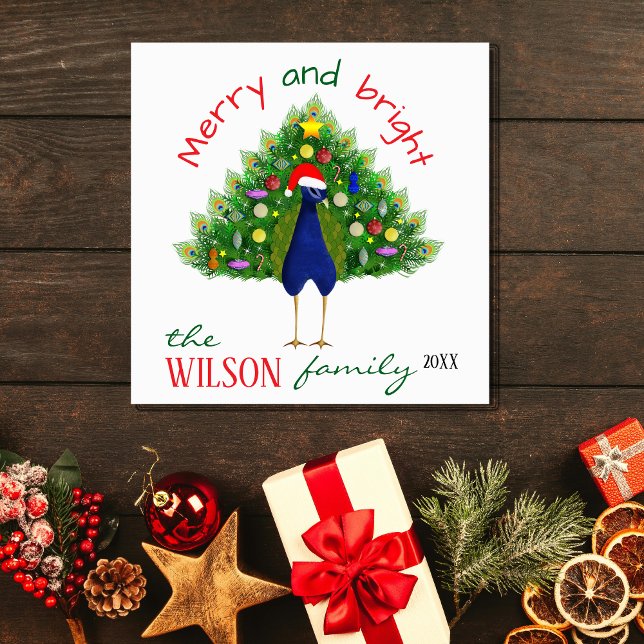 Cartes Pour Fêtes Annuelles Cute Fun Merry and Bright Christmas Tree Peacock (Créateur téléchargé)