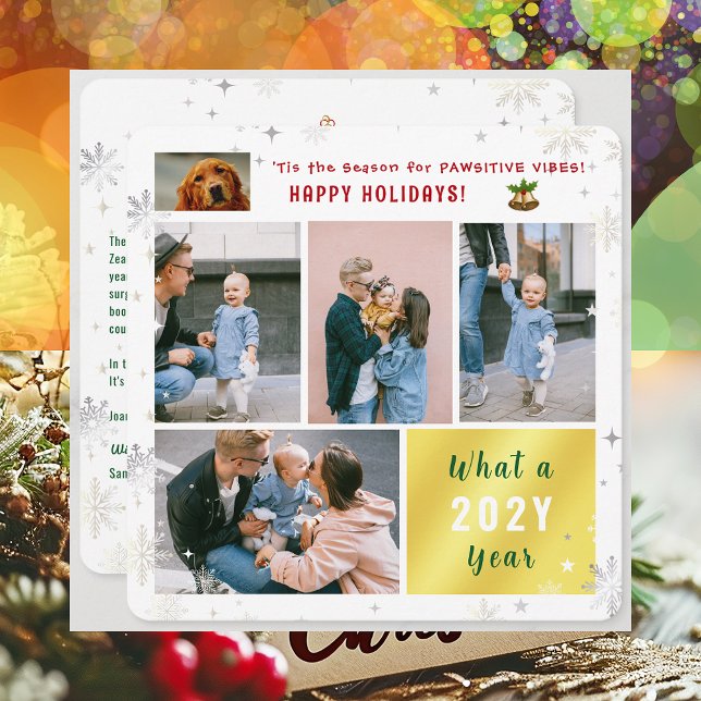 Cartes Pour Fêtes Annuelles Cute Funny Chien Chat Joyeux Vacances 5 Photos Col (Cute Funny Pet Dog Pawsitive Vibes Happy Holidays 'Tis the Season 5 Photos Golden What a Year Letter)