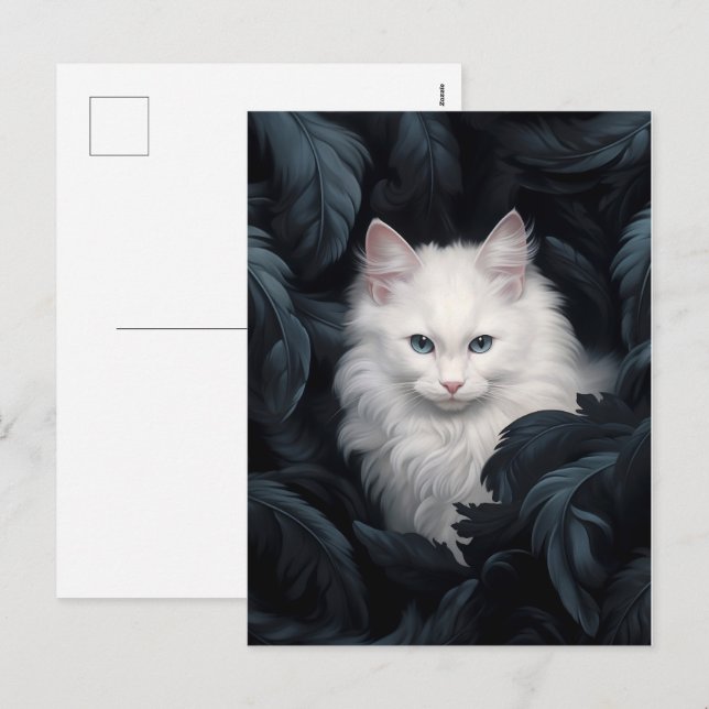 Cartes Pour Fêtes Annuelles Cute Furry Chat Blanc Assis Parmi Les Feuille (Devant / Derrière)