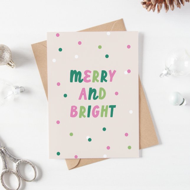 Cartes Pour Fêtes Annuelles Cute Green Pink Merry & Bright Confetti Christmas (cute, modern, Merry and Bright Christmas card in pink and green)