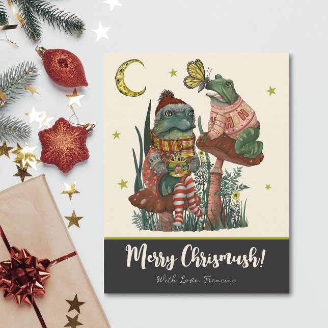 Cartes Pour Fêtes Annuelles Cute grenouille à champignons noirs et crapaud Joy (Black Goth Christmas flat card with a whimsical illustration of frogs on mushrooms)