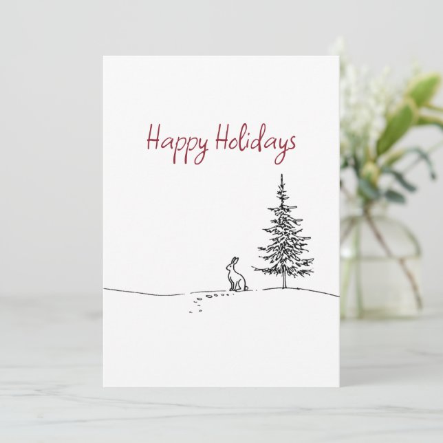 Cartes Pour Fêtes Annuelles Cute Hare and Tree Line Art Festive Christmas  (Debout devant)