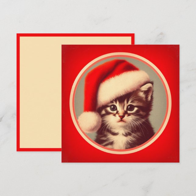 Cartes Pour Fêtes Annuelles Cute Kitten à Santa Hat Red Retro (Devant / Derrière)