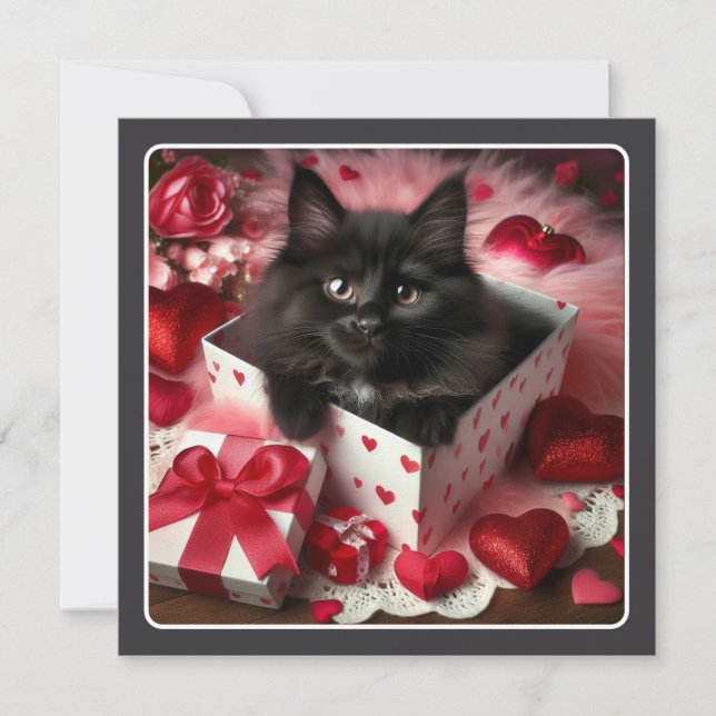 Cartes Pour Fêtes Annuelles Cute Kitten noir en boîte Funny Valentine (Devant)