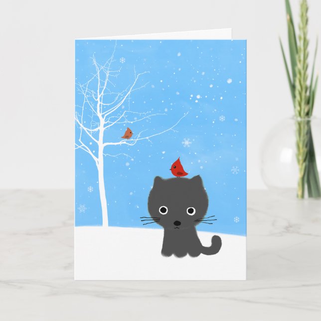 Cartes Pour Fêtes Annuelles Cute Kitty Chat & Little Red Birds Noël blanc (Devant)