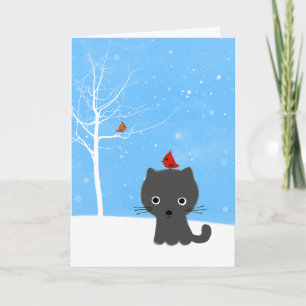 Cartes Pour Fêtes Annuelles Cute Kitty Chat & Little Red Birds Noël blanc