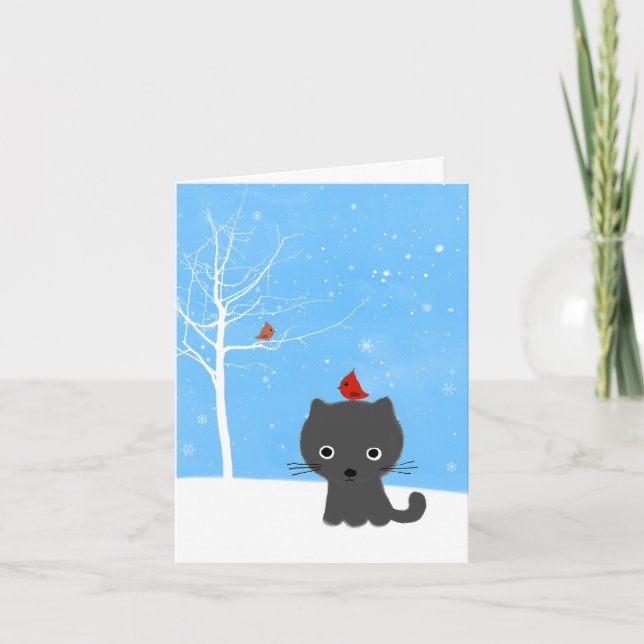 Cartes Pour Fêtes Annuelles Cute Kitty Chat & Little Red Birds Noël blanc (Devant)