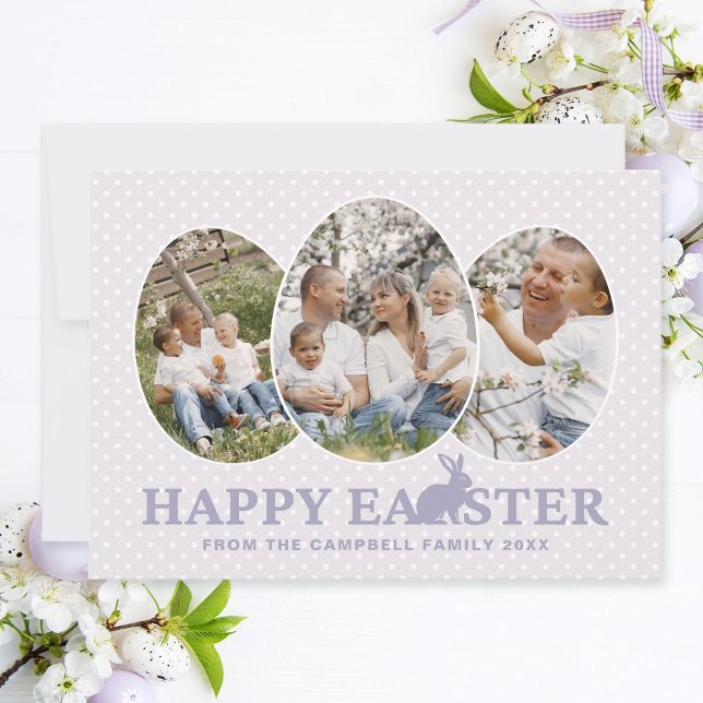 Cartes Pour Fêtes Annuelles Cute Lavender Rabbit Famille OEufs Photo Pâques Ca (Modern Easter family photo card with egg-shaped photo frames, pastel lavender text and rabbit.)