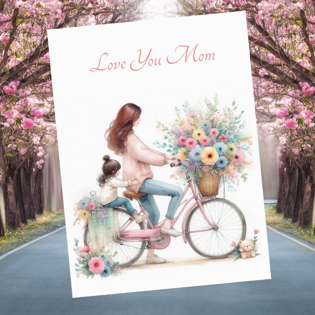 Cartes Pour Fêtes Annuelles Cute Mère Enfant Vélo Aquarelle Fête des Mères (Créateur téléchargé)