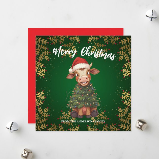 Cartes Pour Fêtes Annuelles Cute merry Cow Christmas tree calf ox Xmas pattern (Devant/Arrière en situation)