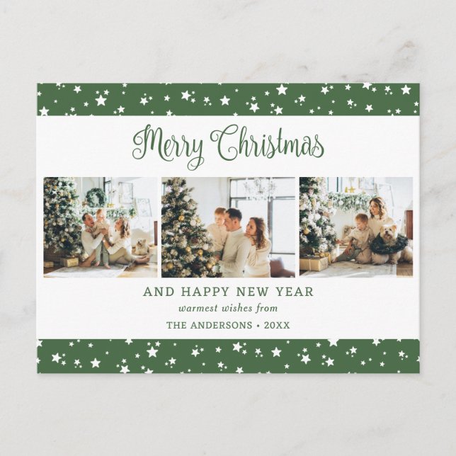 Cartes Pour Fêtes Annuelles Cute Modern Green 3 Photo Collage Étoiles (Devant)