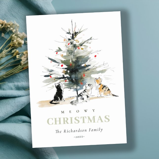 Cartes Pour Fêtes Annuelles Cute Moderne Aquarelle Meowy Arbre de Noël Chats (Créateur téléchargé)