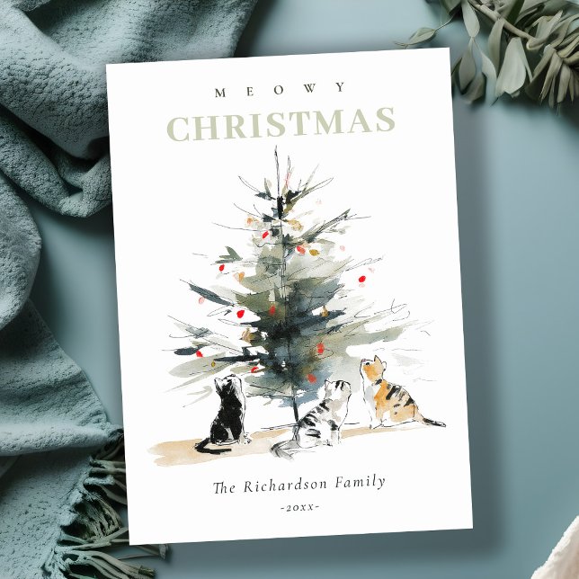 Cartes Pour Fêtes Annuelles Cute Moderne Aquarelle Meowy Arbre de Noël Chats (Créateur téléchargé)