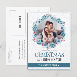 Cartes Pour Fêtes Annuelles Cute Moderne Mistletoe Bleu Feu de Noël Photo