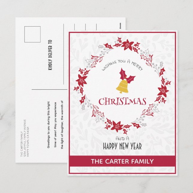 Cartes Pour Fêtes Annuelles Cute Moderne Poinsettia Red Christmas Wreath (Devant / Derrière)