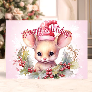 Cartes Pour Fêtes Annuelles Cute Mouse et Holly Joyeuses Fêtes