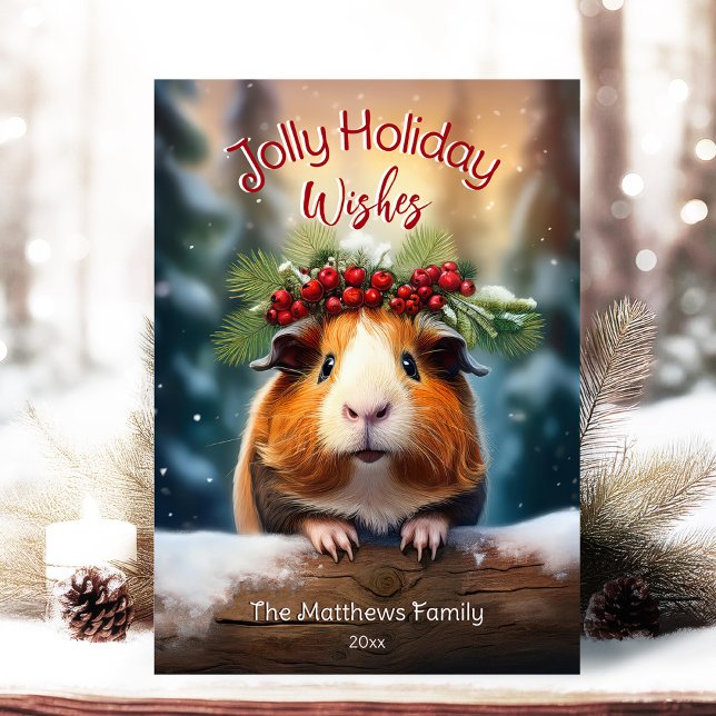 Cartes Pour Fêtes Annuelles Cute Peeking Guinée Cochon neige hiver Bois (Adorable Winter Snowy Scene With Peeking Dogs or Farm/Woodland Animals - Over 50 to Choose From!)