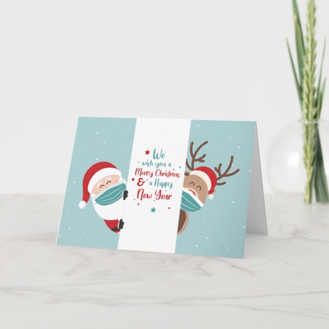 Cartes Pour Fêtes Annuelles Cute Père Noël et Reindeer Social Distancing Covid (Devant)