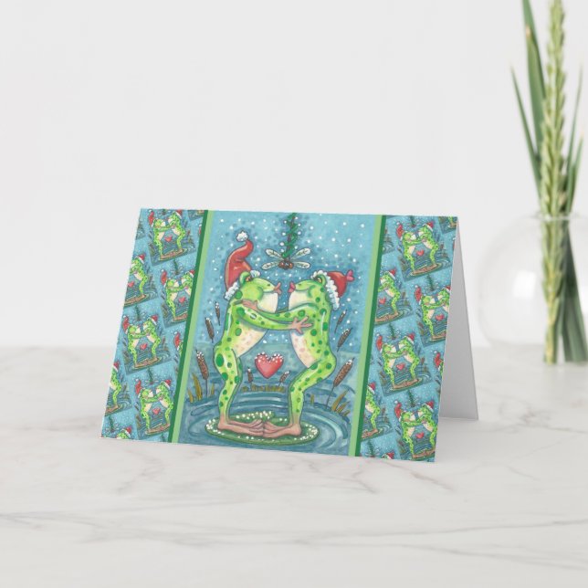 CARTES POUR FÊTES ANNUELLES CUTE PÈRE NOËL FROGS KISSING SOUS DRAGONFLY MISTLE (Devant)