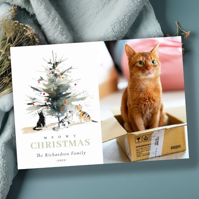 Cartes Pour Fêtes Annuelles Cute Photo Aquarelle Meowe Arbre de Noël Chats (Créateur téléchargé)