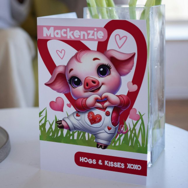 Cartes Pour Fêtes Annuelles Cute Pig Hogs et Baisers Valentines personnalisées (Cute Pig Hogs and Kisses personalized Valentines Holiday Card from Ricaso. Cute pink pig love heart)