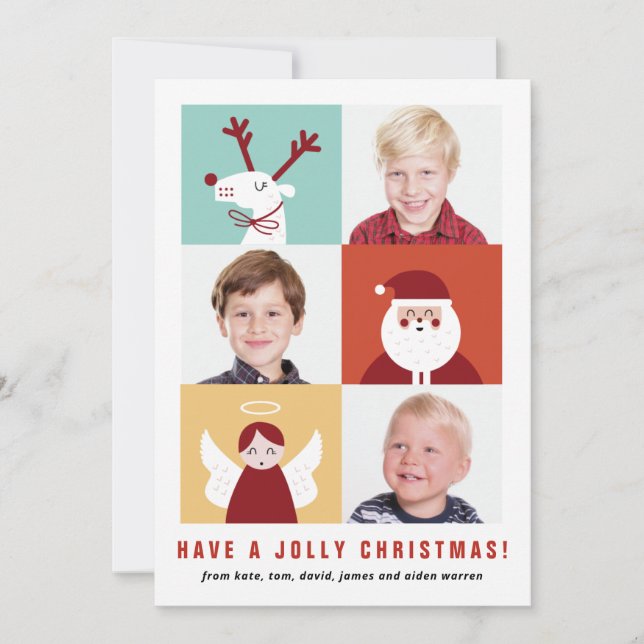 Cartes Pour Fêtes Annuelles Cute Reindeer, Père Noël et Angel Blocks (Devant)