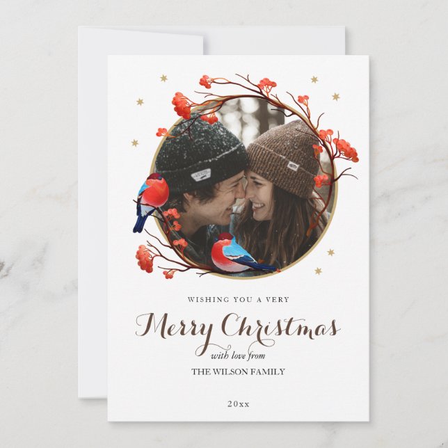 Cartes Pour Fêtes Annuelles Cute Robin Birds Berries Wreath Photo de Noël (Devant)