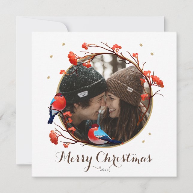 Cartes Pour Fêtes Annuelles Cute Robin Birds Berries Wreath Photo de Noël (Devant)