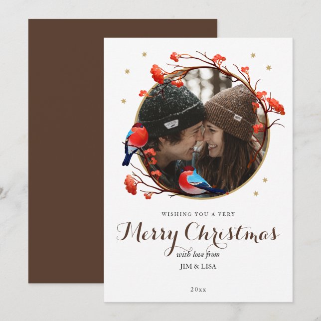 Cartes Pour Fêtes Annuelles Cute Robin Birds Berries Wreath Photo de Noël (Devant / Derrière)