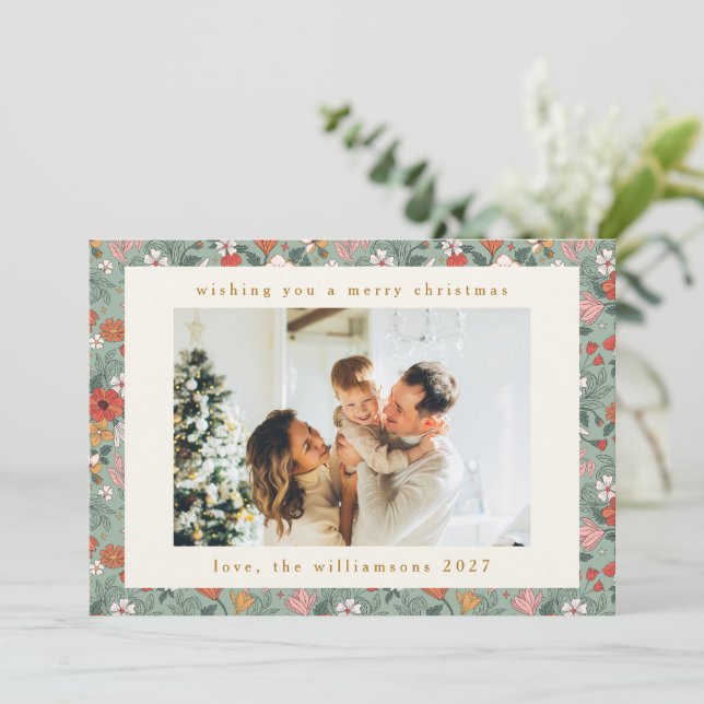Cartes Pour Fêtes Annuelles Cute Sage Green Botanique Custom 2 Photo Noël (Debout devant)