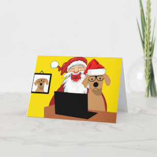 Cartes Pour Fêtes Annuelles Cute Santa and Dog at Computer Christmas Card
