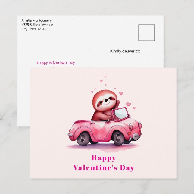 Cartes Pour Fêtes Annuelles Cute Sloth in a Pink Convertible Valentine's Day (Devant / Derrière)