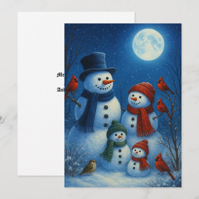 Cartes Pour Fêtes Annuelles Cute Snowman Family In Snowy Moonlit Night (Devant / Derrière)