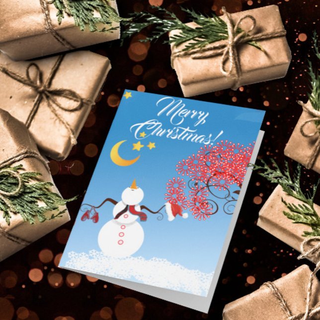 Cartes Pour Fêtes Annuelles Cute Snowman Regarde la Lune (Créateur téléchargé)