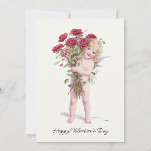 Cartes Pour Fêtes Annuelles Cute souriante Vintage Valentine Cupid avec Rose