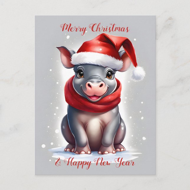 Cartes Pour Fêtes Annuelles Cute Sweet Hippopotamus Santa Hat Nouvel An (Devant)