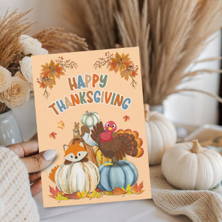 Cartes Pour Fêtes Annuelles Cute Turkey and Retro Pumpkins Happy Thanksgiving 