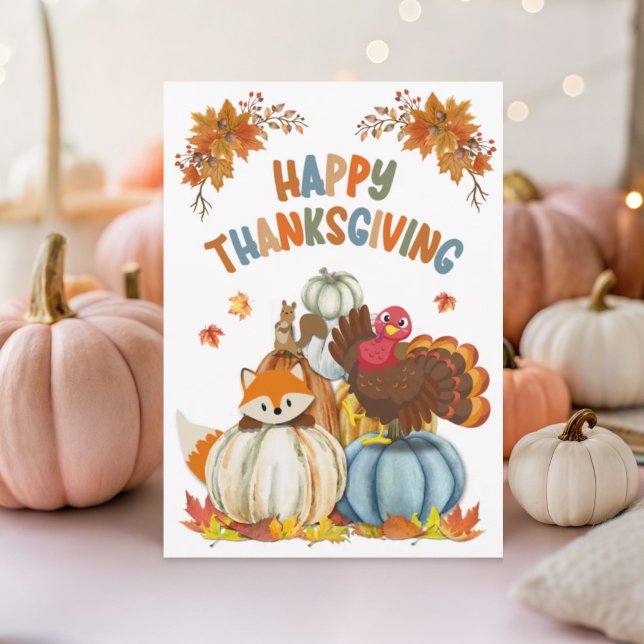 Cartes Pour Fêtes Annuelles Cute Turkey and Retro Pumpkins Happy Thanksgiving (Créateur téléchargé)