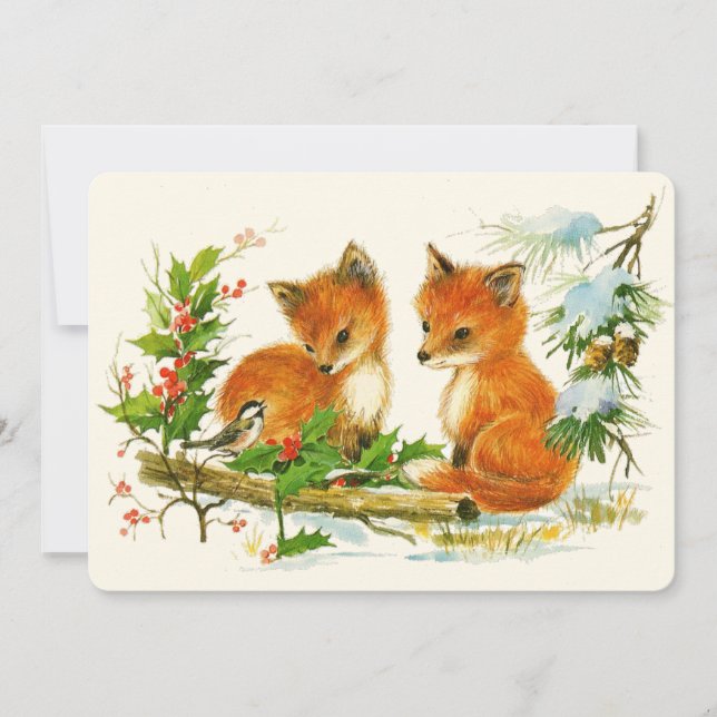 Cartes Pour Fêtes Annuelles Cute Vintage Foxes Retro Christmas Scene (Devant)