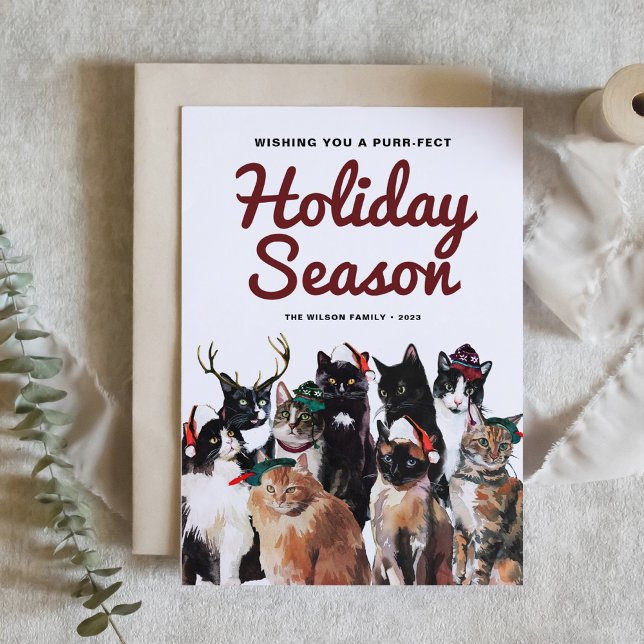 Cartes Pour Fêtes Annuelles Cute Watercolor Chats Purr-fect Noël (Créateur téléchargé)